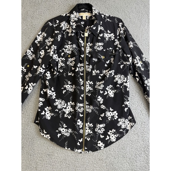 Michael Kors Jacket Womens Medium Black White Floral Full Zip Gold Accents Shirt - Picture 2 of 15